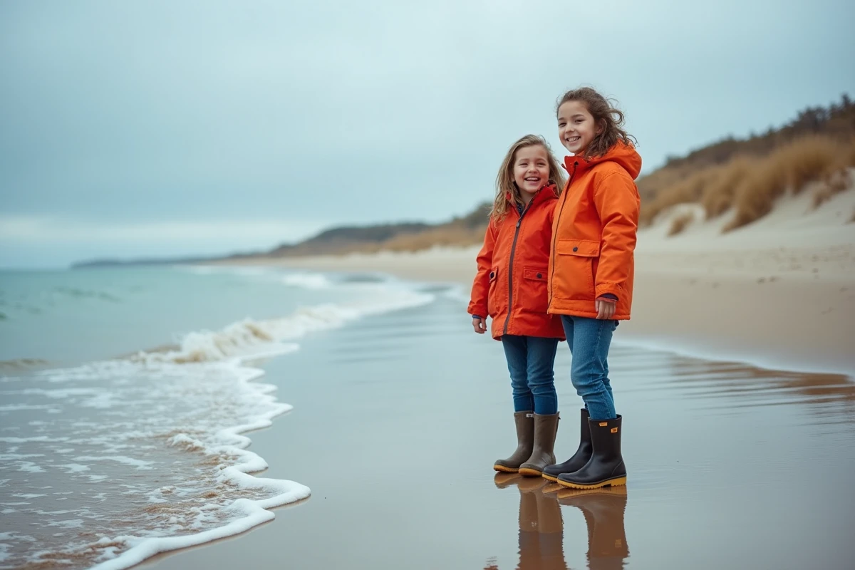 Enfants jouant sur une plage atlantique déserte lors des vacances scolaires d'octobre en France
