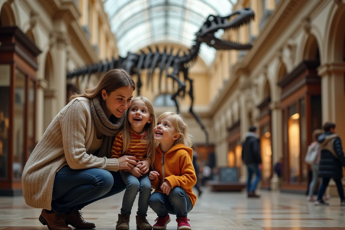 Mère et enfants découvrant un squelette de dinosaure dans un musée pendant les vacances d'octobre