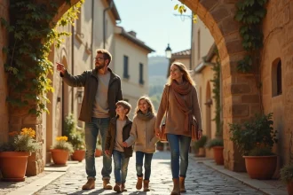 Famille avec enfants explorant un village médiéval en France pendant les vacances scolaires d'octobre