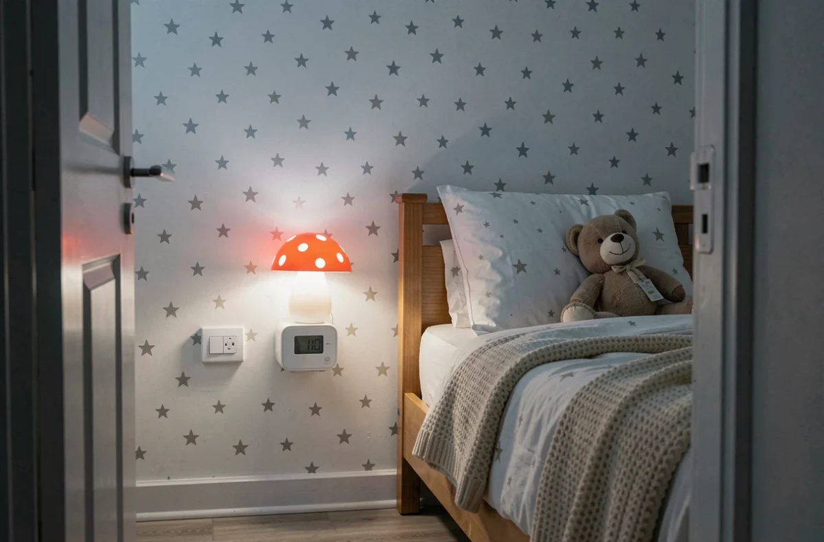 Veilleuse champignon et réveil blanc dans une chambre d'enfant décorée avec papier peint étoilé et peluche