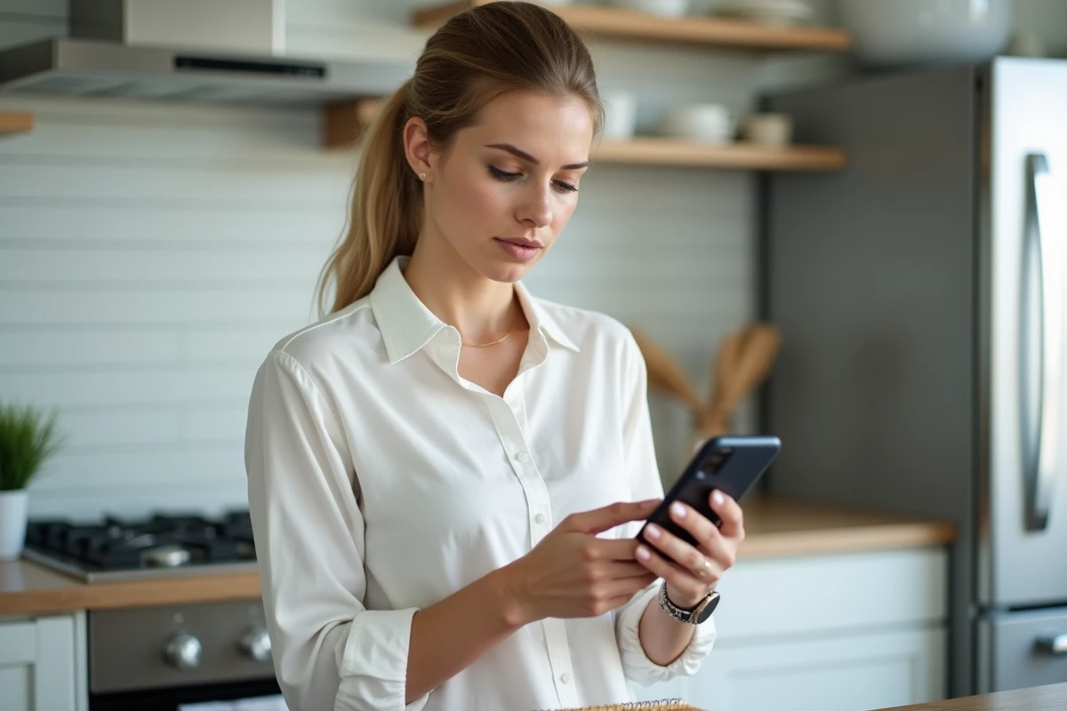 Femme vérifiant un code d'authentification sur smartphone pour protéger son espace personnel assmat