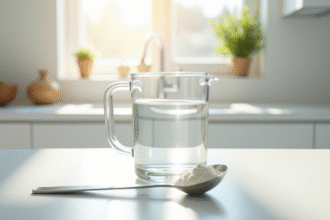 Verre doseur d'eau avec cuillère à poudre de lait en cuisine