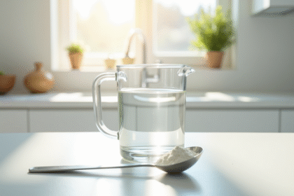 Verre doseur d'eau avec cuillère à poudre de lait en cuisine