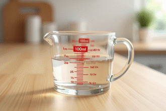 Verre mesure 100 ml sur plan de travail lumineux