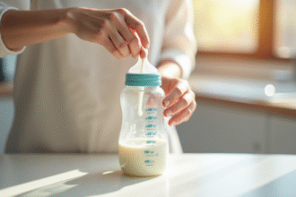 Mains d'un parent versant du lait dans un biberon pour bébé