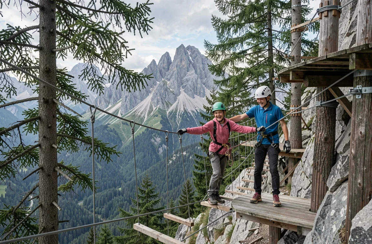 Deux adolescents en harnais traversent un pont de corde suspendu au Vésubia Mountain Park dans les Alpes