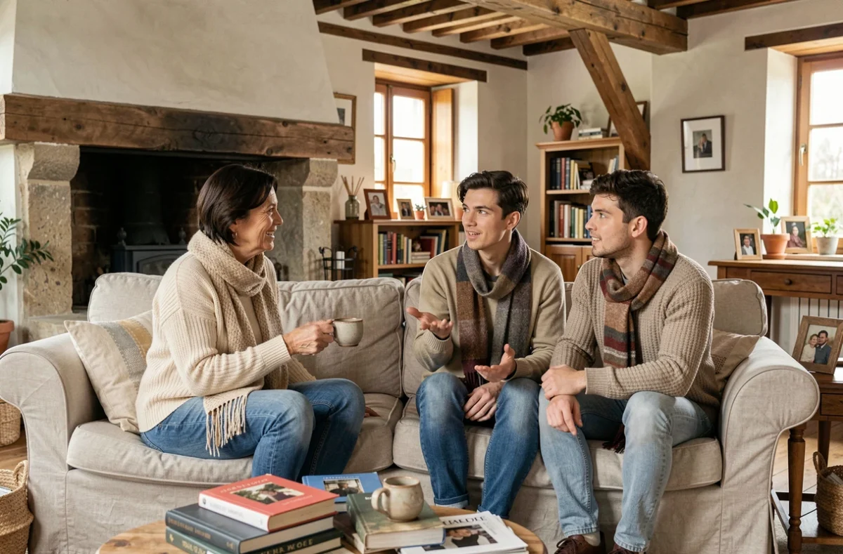 Scène de vie familiale dans un salon français chaleureux avec une mère et ses enfants adultes
