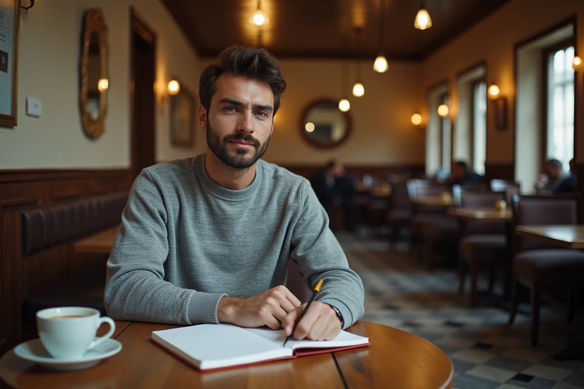 Jeune homme attablé dans une brasserie parisienne avec un carnet ouvert, symbole de la discrétion et de la vie privée des descendants de figures politiques