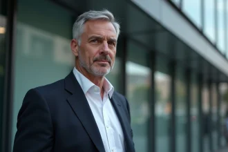 Portrait d'un homme professionnel en blazer marine devant un bâtiment urbain en verre, illustrant la notion de vie publique et d'identité professionnelle