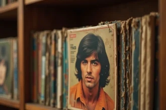 Collection de vinyles vintage des années 70 avec pochette d'album d'un chanteur emblématique à cheveux noirs