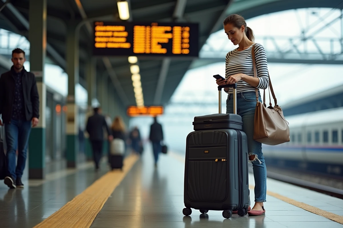 Voyageuse avec valise sur un quai de gare française pendant les vacances scolaires et jours fériés 2026