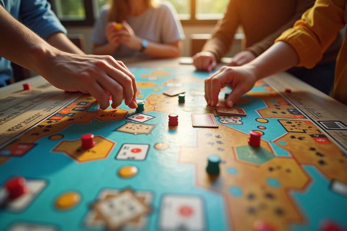 Prise de vue aérienne d un jeu de société en cours avec mains et pièces colorées