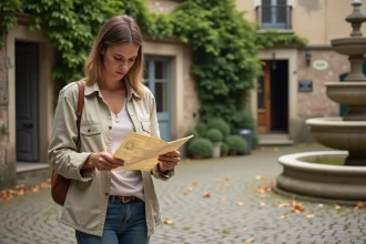 Femme consultant une carte dans un village pittoresque et calme d'Île-de-France en automne, loin des foules touristiques